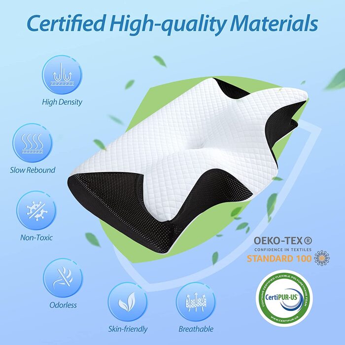 Ортопедична подушка HOMCA 2 в 1 з Memory Foam для сну на спині, боці та животі, 60x40x12/14 см, чорна