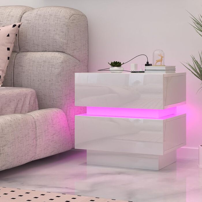 Тумба приліжкова з LED підсвіткою, біла, 2 шухляди, для спальні та вітальні, 45x35x46 см