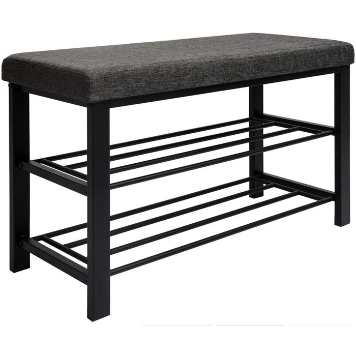 DuneDesign взуттєва полиця 81x32x46 см, відкрита металева лавка для взуття з 2 полицями та м'яким сидінням з льону, сіра