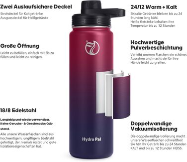 Термобутилка HydroPal 1200 мл з нержавіючої сталі, BPA-free, ізоляційна пляшка для спорту та подорожей з трубою та двома кришками, червоно-чорна