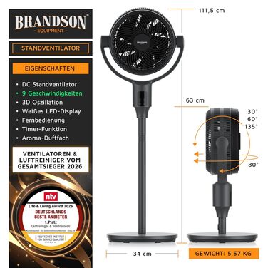 Вентилятор підлоговий Brandson ECO Line 3D з пультом, дисплеєм, 9 швидкостей, чорний
