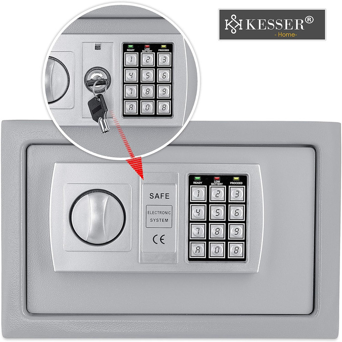 Електронний сейф KESSER 31x20x20 см, LED-дисплей, подвійний ригель, настінний та меблевий, кодовий замок, сріблястий, з підсвіткою та монтажним комплектом
