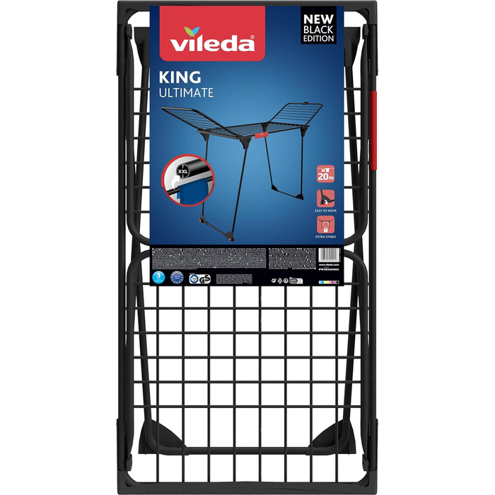 Сушарка для білизни Vileda KING Ultimate Black Edition, 20 м, XXL-розмір, тримач для дрібних речей, стійка та міцна, з колесами, легке транспортування, Eco-Pack