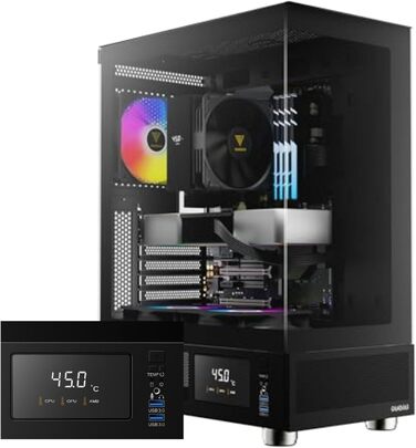 Корпус для ПК GAMDIAS Atlas E1 ATX Mid Tower з реальним монітором, 3 встановленими 120 мм ARGB вентиляторами, загартованим склом, високою вентиляцією, бічними отворами, чорний