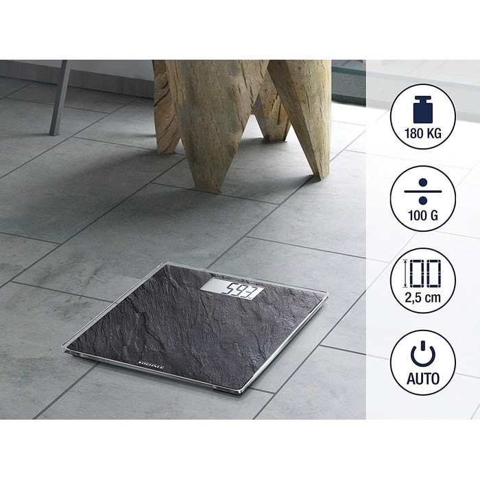 Електронна вага Soehnle Style Sense Compact 300 Slate, чорна, до 180 кг, LCD-дисплей, велика платформа, ультратонкий дизайн
