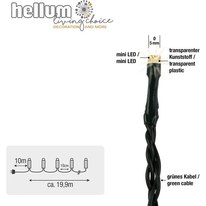 Гірлянда hellum LED для вулиці з таймером, 19,9 м, 200 теплих білих LED, електрична з зеленим кабелем, для ялинки