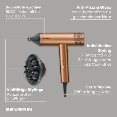 Фен для волосся Severin S-Style Speed Pro HT 0171 з іонною технологією, BLDC-мотором, дифузором та концентратором, 2000 Вт, Бронзовий