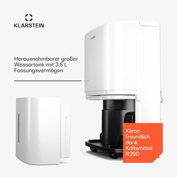 Електричний осушувач повітря Klarstein DryFy 20L - 20 л/добу, 20 л, 400 Вт, білий, з функцією сушіння білизни