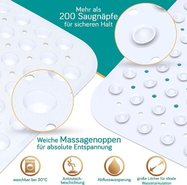 Протиковзкий килимок для ванни Delluxia 100×40 см, білий, BPA Free, з 2 гачками