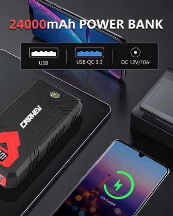 Бустер для авто CARHEV Jump Starter 3000A — Пусковий пристрій з LCD-дисплеєм для бензинових (до 8л) та дизельних (до 8л) двигунів, 12V Powerbank з USB швидкою зарядкою та LED-ліхтарем