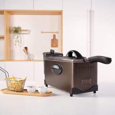 Електрична фритюрниця BLACK+DECKER BXDF2100E, 2100 Вт, 3 л, знімна чаша, нержавіюча сталь, сіра, регулювання температури, легке очищення, підходить для посудомийки