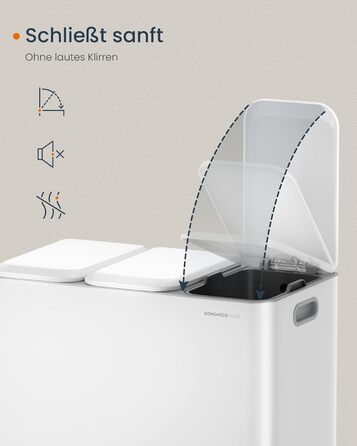 Сортувальний смітник для кухні SONGMICS HOME, 3×15 л, сталевий, з кришками, внутрішніми відрами та педалями, для роздільного збору сміття, білий