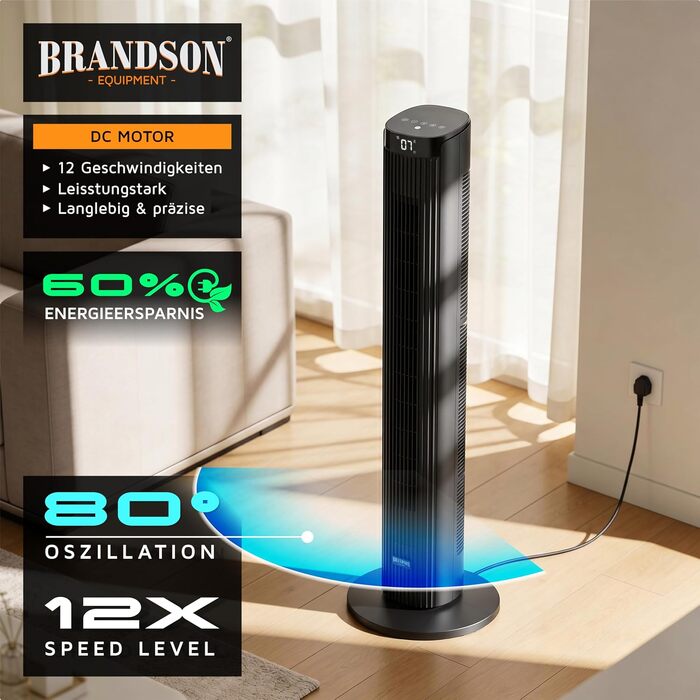 Вентилятор підлоговий Brandson ECO Design DC мотор, 12 швидкостей, з пультом, тихий, коливання