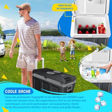 KESSER® Термобокс-холодильник 40л на колесах 12/230V для авто, човна та кемпінгу. Охолодження та обігрів, режими ECO/MAX, чорний/сірий