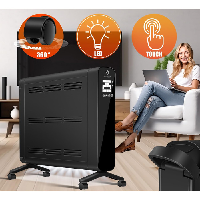 Електричний конвектор KESSER 1200/2400Вт, WiFi, термостат, таймер, сенсорний дисплей, економний, захист від перегріву, чорний