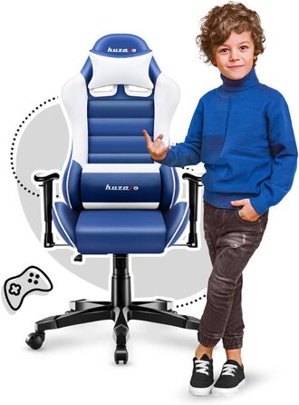 Ігрове крісло для дітей Huzaro Ranger 6.0, ергономічне, з підлокітниками, сучасний дизайн, подушки для шиї та попереку, екошкіра, гойдалка, синє, компактне
