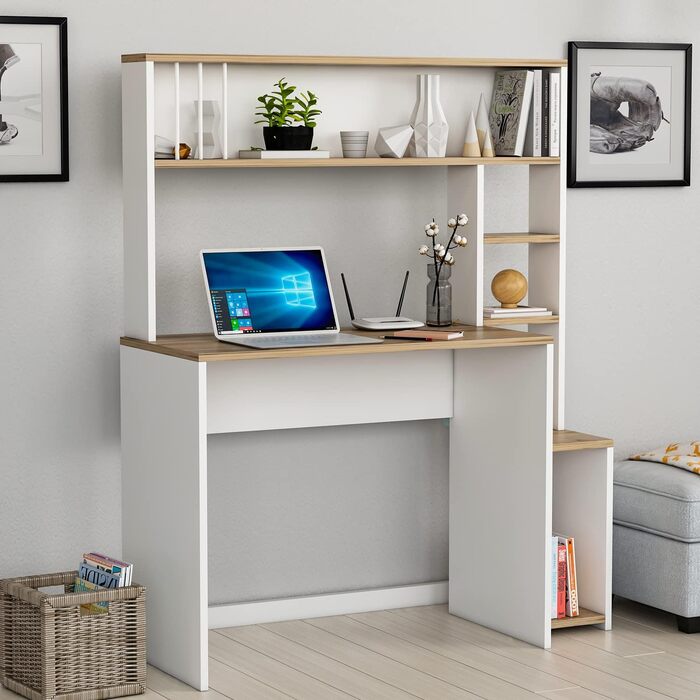 Комп'ютерний стіл HOMIDEA Olivia з полицями, сучасний дизайн, 114x45x139 см, білий