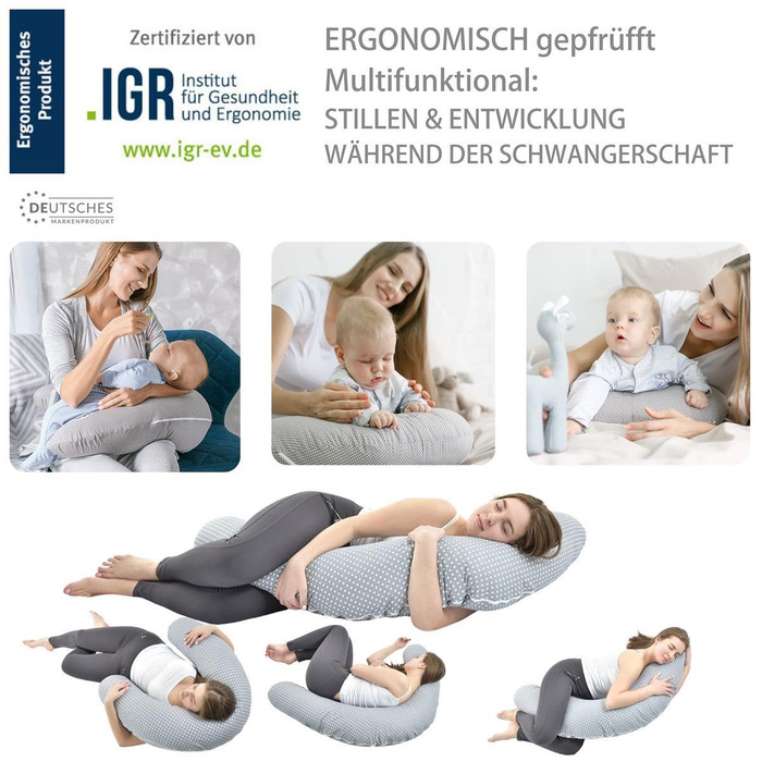Подушка для вагітних Sei Design XXL з екологічної тканини Öko-Tex | Ергономічна подушка для сну та годування | Тиха екологічна наповнювач. Чохол 100% бавовна (персоналізований бежевий у смужку, подушка для годування 190x30)