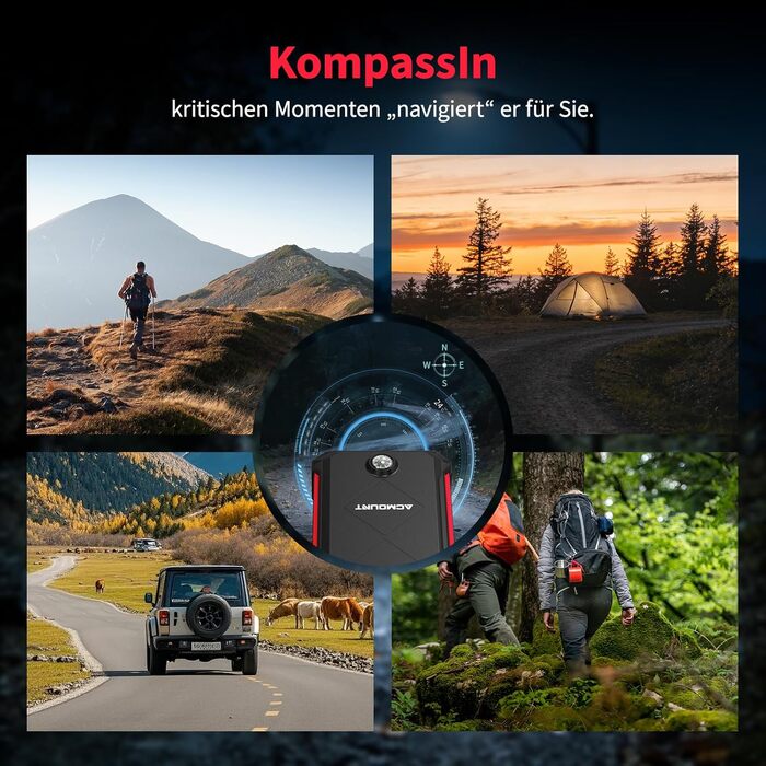Бустер-пусковий пристрій Acmount P110 7000A Jump Starter для авто, SUV, мотоциклів та газонокосарок (бензин до 12л, дизель до 10л) з LED-ліхтарем, компасом та аварійним молотком, червоний