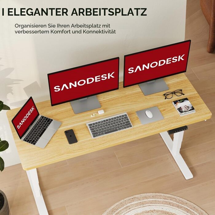 Регульований по висоті письмовий стіл SANODESK 120×80 см, електричний стіл для роботи стоячи та сидячи, два двигуни, USB-порт, пам'ять позицій та захист від зіткнень (Сірий/Чорний)