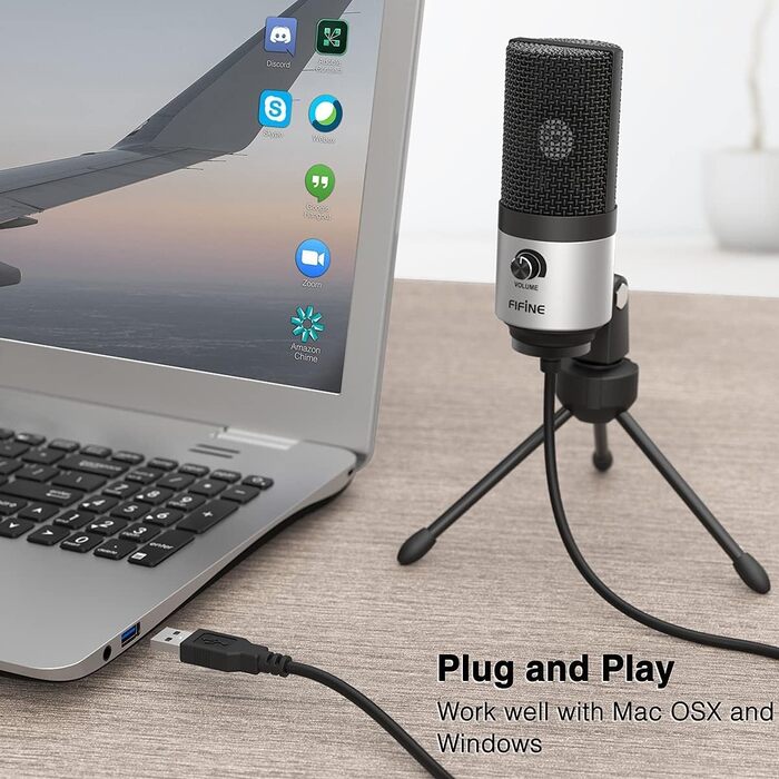 Мікрофон FIFINE USB для ПК, Mac, PS4/PS5, студійний конденсаторний мікрофон для подкастів зі стійкою, сріблястий