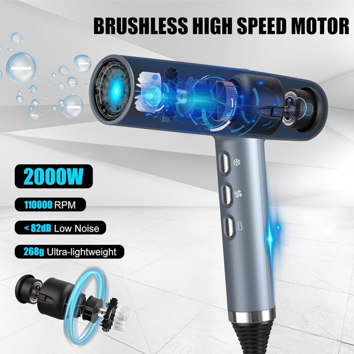 Фен для волосся slopehill з безщітковим двигуном, 2000W, Oxy Active Technology, LED-дисплеєм та мікрофільтром, ультралегкий (268г), синій