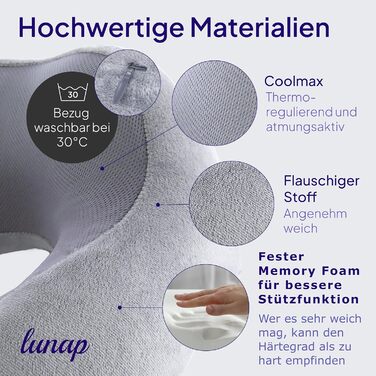Дорожня подушка для шиї Memory Foam lunap, сіра, ортопедична, для літака та авто, знімний чохол