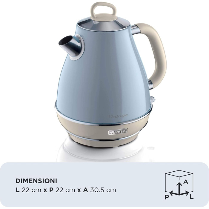 Електричний чайник Ariete Vintage 2869, 1.7 л, блакитний, з нержавіючої сталі, з підсвічуванням рівня води, бездротовий, з автоматичним відключенням, з ситом для чаю, 2000 Вт