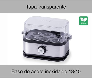 Електричний яйцеварка Lacor SIX OVUM з нержавіючої сталі 18/10, BPA Free, 6 яєць, 3 режими варіння, автоматичне вимкнення, сіра