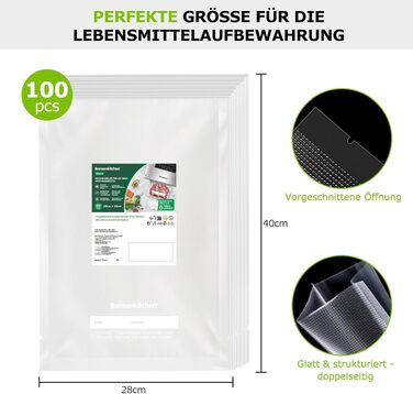 Пакети для вакууму Bonsenkitchen Profi VB3205, 28x40 см (100 шт) - для харчових продуктів, Sous Vide, міцні, без BPA
