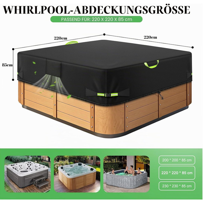 Водонепроникний чохол для гідромасажного джакузі Whirlpool з тканини Oxford 600D, термопокривало для SPA та Hot Tub з UV-захистом (чорний, 220x220x85 см)