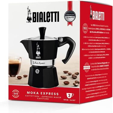 Кавоварка Bialetti Moka Color, 3 чашки, алюмінієва, чорна, італійська гейзерна кавоварка для плити