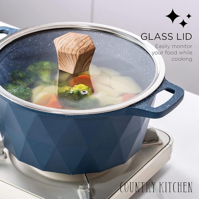Набір посуду індукційного Country Kitchen Navy Diamond 13 предметів: каструлі та сковороди з антипригарним алюмінієвим покриттям, бакелітові ручки, скляні кришки (синій)