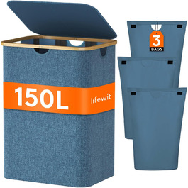 Кошик для білизни Lifewit 150 л з кришкою, 3-секційний сортувальник з бамбуковими ручками, знімні мішки, синій