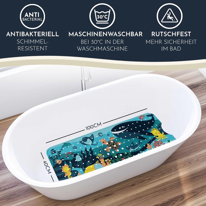 Дитячий килимок для ванни Homerella, антиковзкий, 100% BPA-free, 100x40 см, з 2 гачками, туркус Ocean Friends, для чутливої шкіри, протигрибковий, для малюків, миється