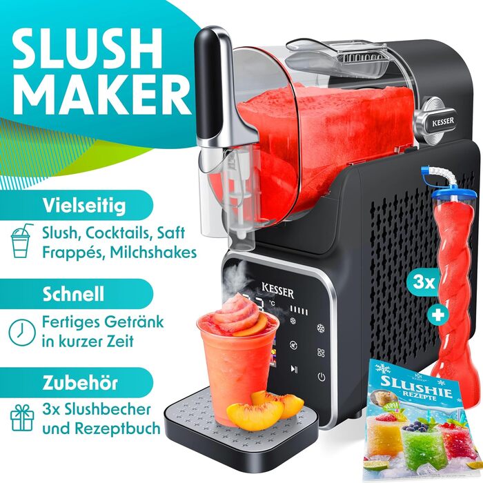 KESSER® Машина для приготування сляшу вдома - Сляш-мейкер 2L - для сляшу, коктейлів, фраппе, молочних коктейлів та замороженого соку - за 25 хв та з 6 програмами - в комплекті 3 стаканчика та книга рецептів, (2 літри, Чорний)