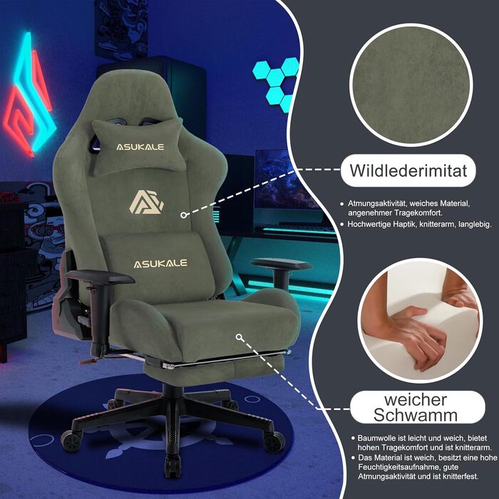 Ігрове крісло Ergonomic Gaming Stuhl — ергономічний офісний стілець з масажною підтримкою попереку, підставкою для ніг та дихаючої тканини, зелене