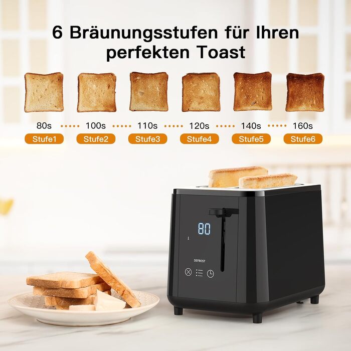 Тостер aeco toastlab Elite 2-слотовий з підставкою для булочок, 6 рівнів підсмажування, 10 програм, 850 Вт, LCD-дисплей, функція підйому, розморожування, піддон для крихт (LED-Touch)