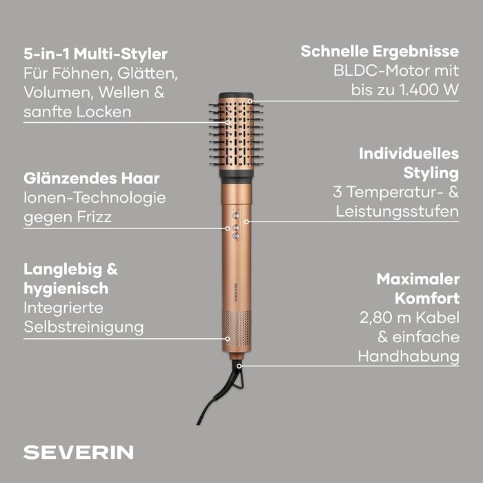 Мультистайлер для волосся 5-в-1 Severin S-Style WL 0684: іонний фен та щітка для укладки з Airflow технологією, 1500 Вт, мідно-чорний