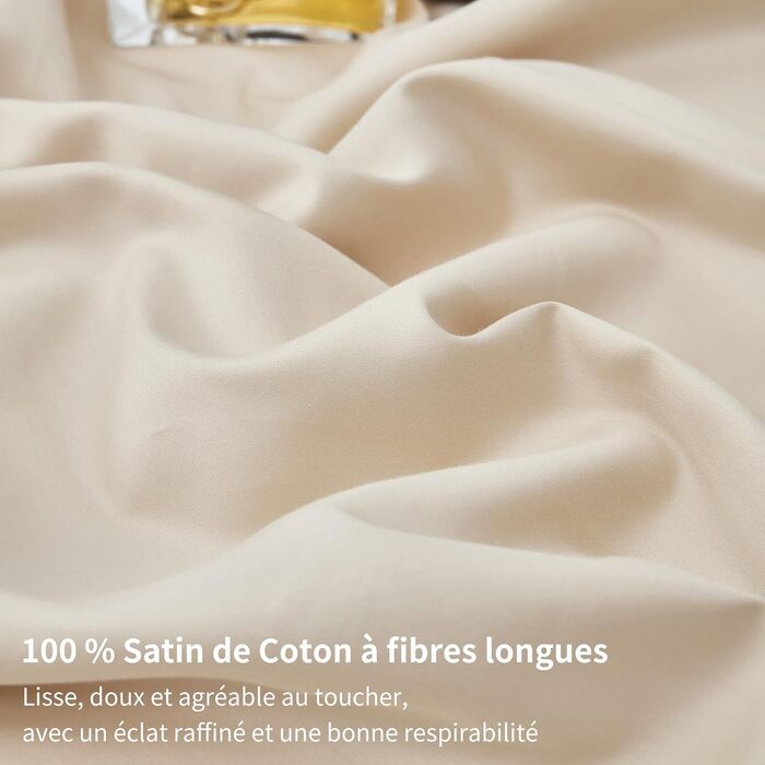 Комплект постільної білизни з бавовняного сатину Deluxe (220x240 см), світло-бежевий — підковдра та 2 наволочки (65x65 см), дихаючий шовковистий матеріал