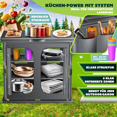 Кухня для кемпінгу KESSER® складна | Шафа для кемпінгу 84x80 см | Кухня з алюмінієвим каркасом, 6 відділень (вкл. набір з 4 склянки), бічні кишені та москітна сітка | Кухня для кемпінгу з UV-стійкої тканини, 6 полиць, антрацит