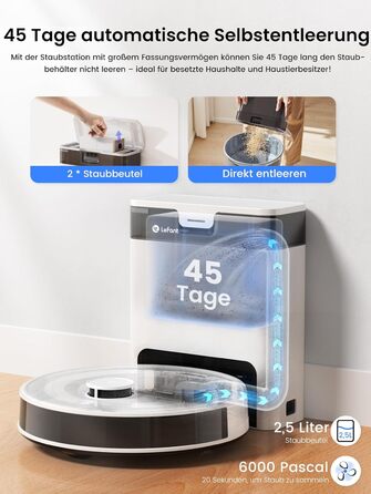 Робот-пилосос LEFANT M2 Plus з картографією, лазерною навігацією, 6000Pa, персоналізованим прибиранням, WiFi/App/Alexa, чорний