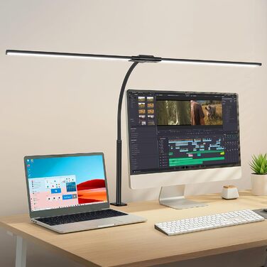 OUTON LED лампа для столу з двома головками, 85.5 см, 1600 люмен, сенсорне керування, регулювання яскравості, 5 температур кольору, таймер, пам'ять, захист очей, кріпиться за допомогою затискача, для офісу та дому, чорний