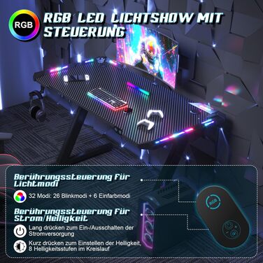 Ігровий стіл JUMMICO з RGB LED-підсвіткою, стійкий комп'ютерний стіл для геймерів та домашнього офісу, з тримачем для навушників та підстаканником, 120 x 60 см, чорний