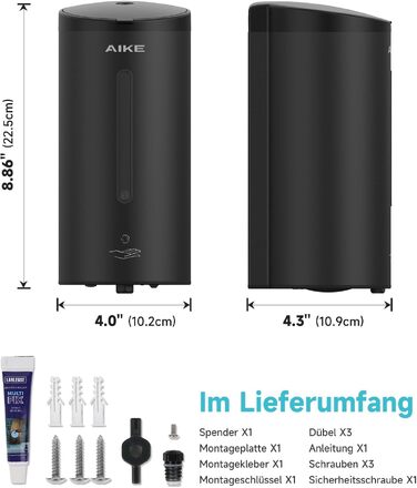 Автоматичний дозатор піни для мила AIKE FoamCore, настінний, 740 мл, нержавіюча сталь, 5 рівнів регулювання, чорний, для комерційних санвузлів