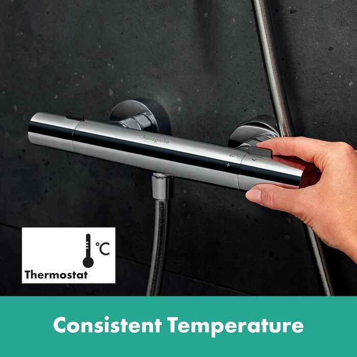 Змішувач Hansgrohe Ecostat Fine для ванни з термостатом (40°C) та двома виходами, комплект з душовою лійкою та штангою (65 см), хром