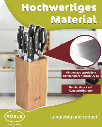Набір кухонних ножів RÖSLE CUISINE з бамбуковою підставкою, 7 предметів: 5 сталевих ножів та кухонні ножиці, преміум-якість