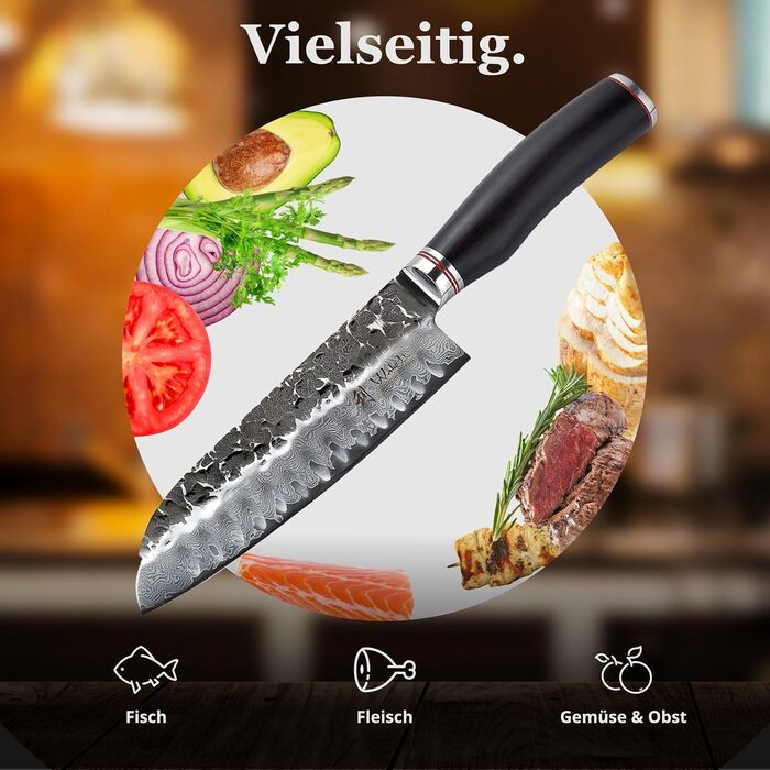 Японський ніж Santoku Wakoli EBO з дамаської сталі (серцевина VG10), 17,5 см - гострий ніж для кухні та приготування їжі, преміум-якість, з дерев'яною ручкою з дуба, у подарунковій коробці