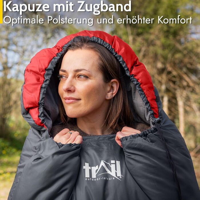 Туристичний спальний мішок Trail-Alpin з капюшоном, 3-сезонний, легкий (250 г) з компресійним мішком для зберігання, червоний