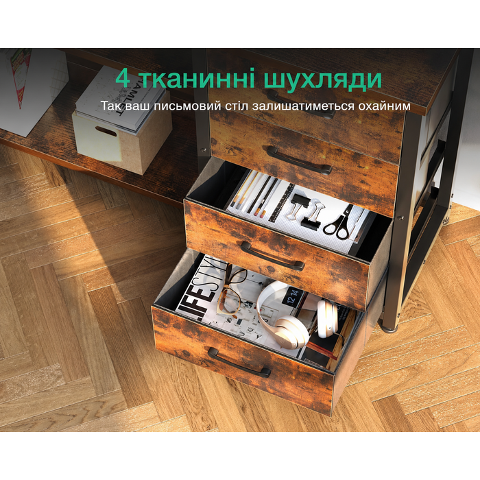 Кутовий письмовий стіл ODK з шухлядами, LED-підсвіткою, розетками та USB,  вінтажно- коричневий 155×110 см, для домашнього офісу
